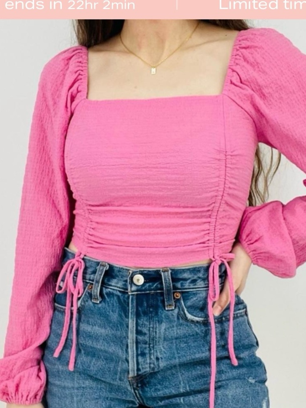 Sophie Rue Pink Square-Neck Ruched Long-Sleeve Crop Top